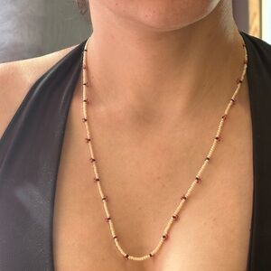 Handmade Delicate Cream Beaded Necklace with Red Accent Beads